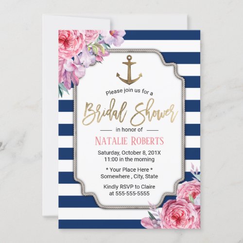 Nautical Bridal Shower Pink Floral Navy Stripes Invitation