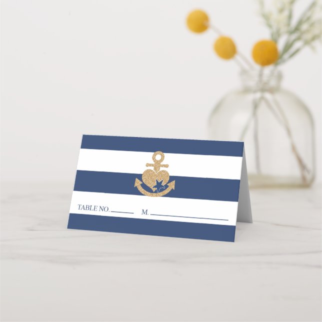 Nautical Bridal Shower Place Card Navy & Gold (Front)