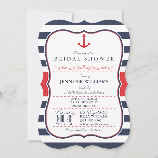 Nautical Bridal Shower; Red, White, & Navy Blue Invitation (Front)