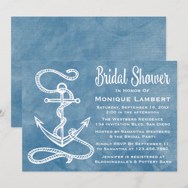 Nautical Bridal Shower Ship Anchor Blue Watercolor Invitation (Front/Back)
