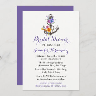 Nautical Bridal Shower Ship Anchor Purple  Floral Invitation