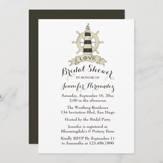 Nautical Brown Bridal Shower Lighthouse Ship Wheel Invitation (Front/Back)