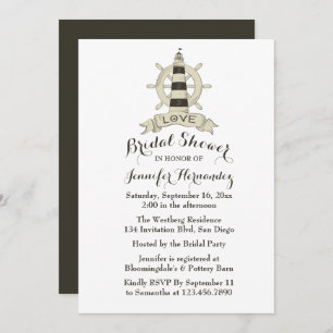 Nautical Brown Bridal Shower Lighthouse Ship Wheel Invitation