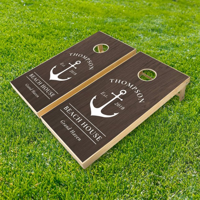 Nautical Brown Wood Anchor Beach House Name Cornhole Set (Creator Uploaded)