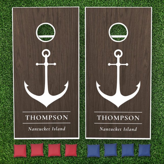 Nautical Brown Wood Anchor Custom Monogram Name Cornhole Set (Creator Uploaded)