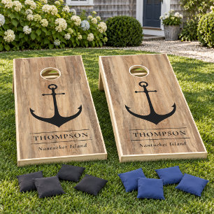 Nautical Brown Wood Grain Anchor Custom Cornhole Set