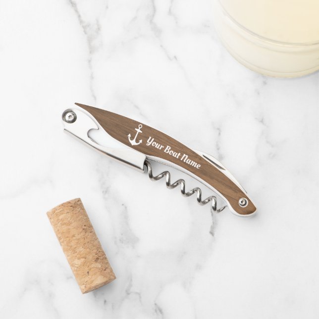 Nautical Brown Wood Grain Personalized Boat Name Waiter's Corkscrew (Front)