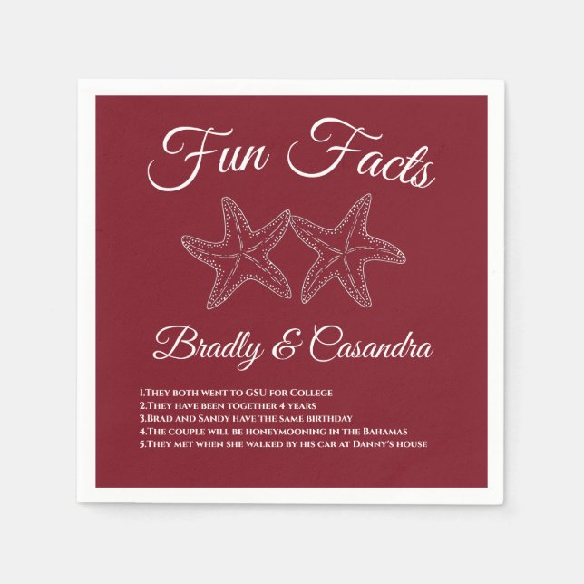 Nautical burgundy Wedding Starfish Fun Fact Napkins (Front)
