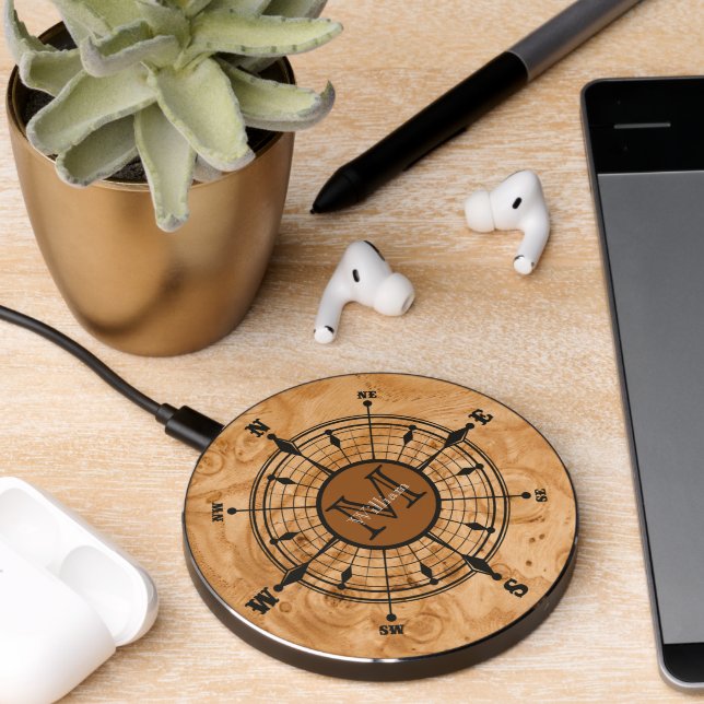 Nautical Burl Compass Monogram Wireless Charger (Desk 2)