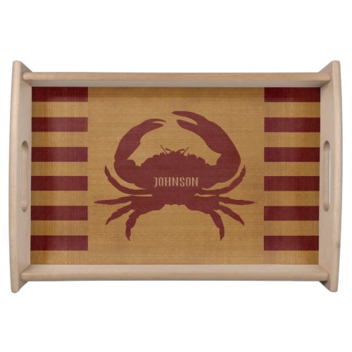 Nautical Burlap Red  Tan Stripes with a Crab Serving Tray