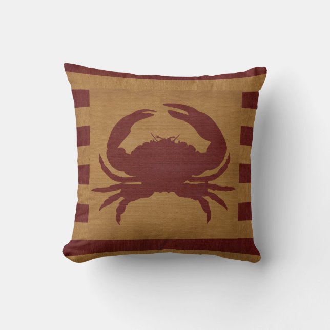 Nautical Burlap Red & Tan Stripes with a 🦀 Crab Throw Pillow (Front)