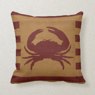 Nautical Burlap Red & Tan Stripes with a 🦀 Crab Throw Pillow