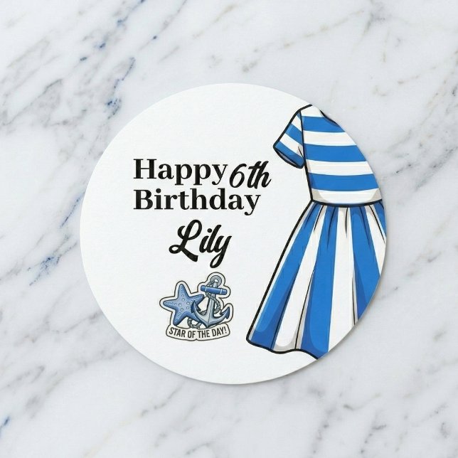 Nautical Cabana Sailor Birthday Classic Round Sticker (Beautiful cabana stripes party décor.)
