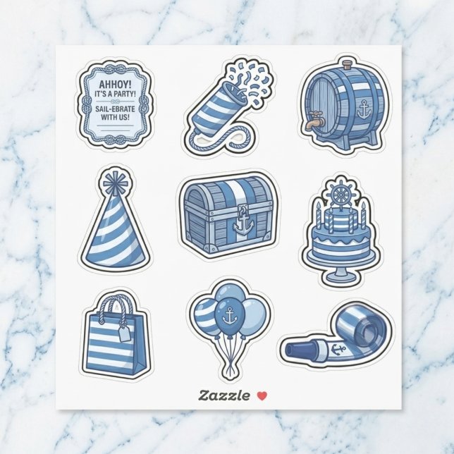 Nautical Cabana Sailor Birthday Sticker Sheet Set (Essential cabana stripes party decor.)