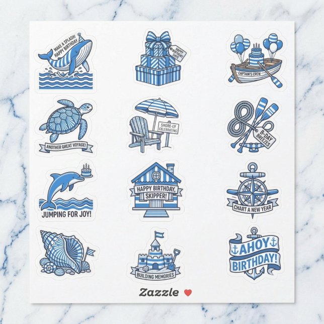 Nautical Cabana Sailor Birthday Sticker Sheet Set (Coastal charm for your party.)