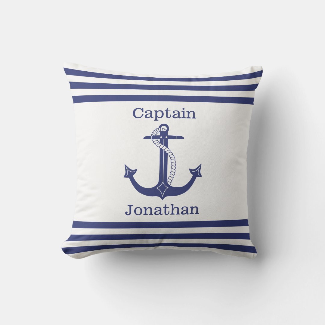 Nautical Captain Blue Anchor Add Name Outdoor Pillow | Zazzle