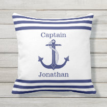 Nautical Captain Blue Anchor Add Name Outdoor Pillow