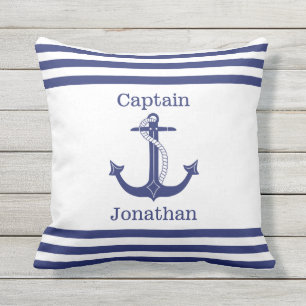 Nautical Captain Blue Anchor Add Name Outdoor Pillow