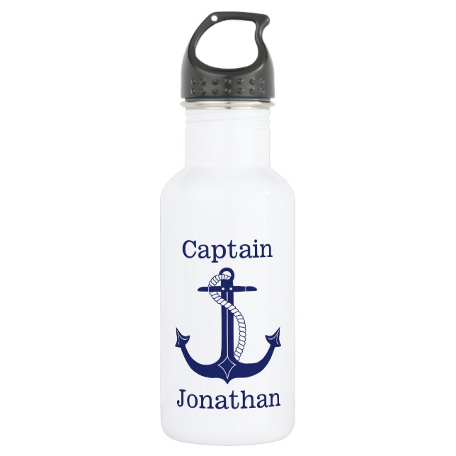 Nautical Captain Blue Anchor Add Name Stainless Steel Water Bottle (Front)