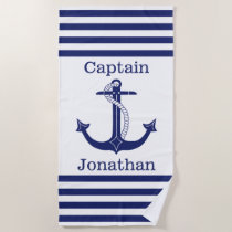 Nautical Captain Blue Anchor Personalized Beach Towel