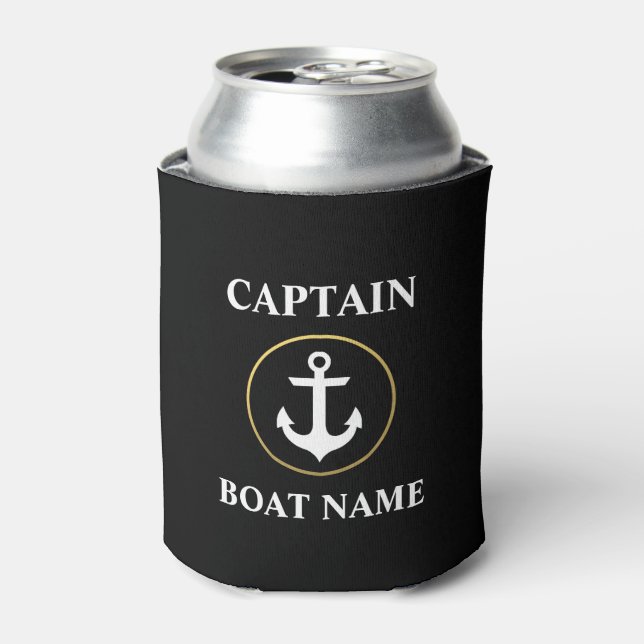 Nautical Captain Boat Name Anchor Black Gold Can Cooler (Can Front)
