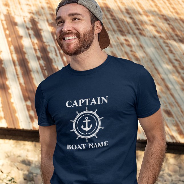 Nautical Captain Boat Name Anchor Rope Helm T-Shirt (Customize to change text size. Choose from a variety of shirt colors and styles.)