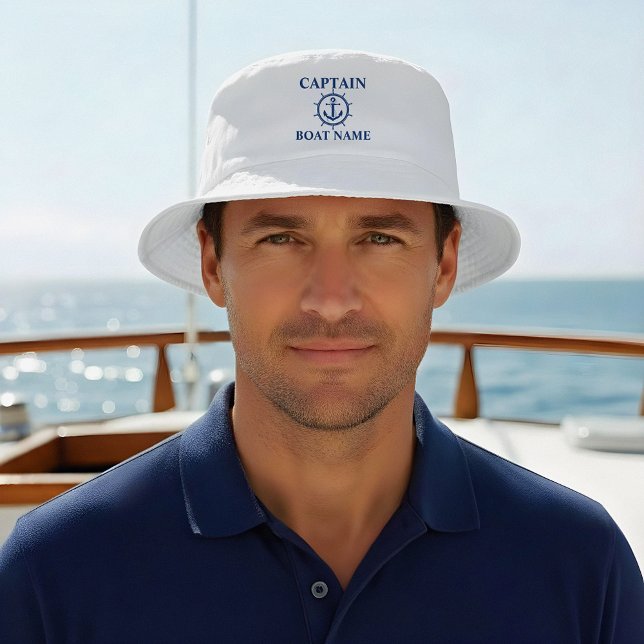 Nautical Captain Boat Name Anchor Rope Wheel Bucket Hat (Customize to change text size or text style.)