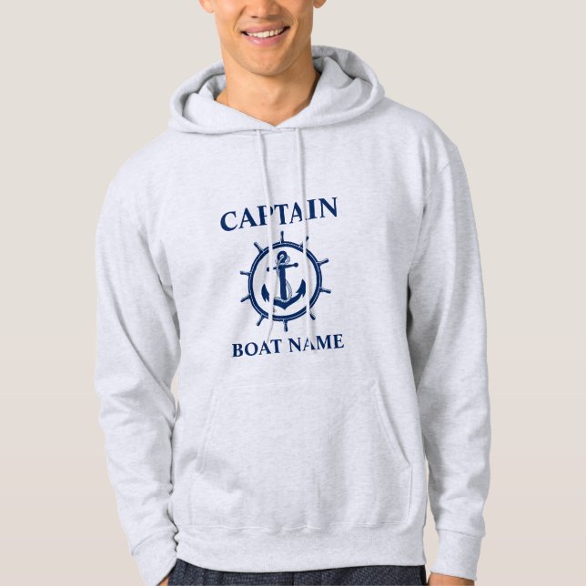 Nautical Captain Boat Name Anchor Rope Wheel Gray Hoodie (Front)