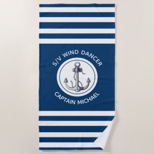 Nautical Captain Boat Name Blue White Striped Beach Towel