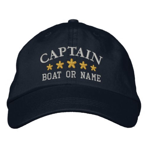 Nautical Captain Boat Name Gold Stars Navy Blue Embroidered Baseball Cap