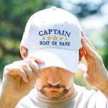 Nautical Captain Boat Name Navy Blue Gold Stars Embroidered Baseball Cap<br><div class="desc">Sail in style with a personalized embroidered white hat featuring your Captain rank or other desired title along with your Name or Boat Name in navy blue and five gold stars. Several cap and thread colors to choose from. Makes a great custom gift for Fathers day, birthdays or any occasion....</div>