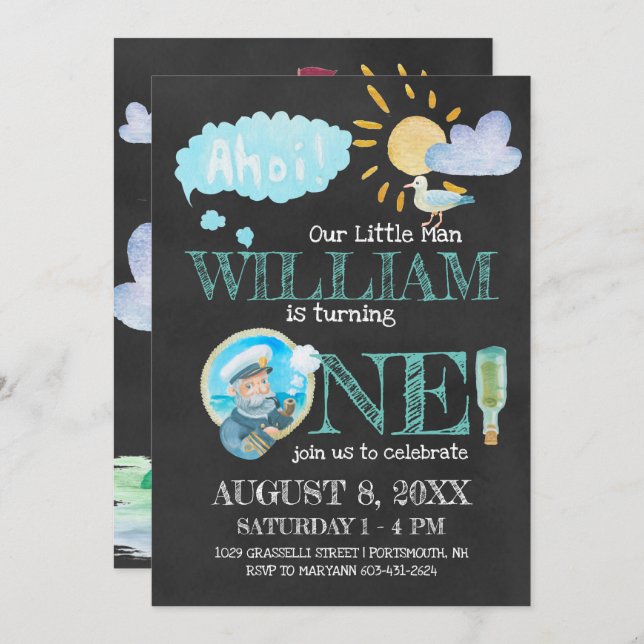 Nautical Captain First Birthday Party Invitation (Front/Back)