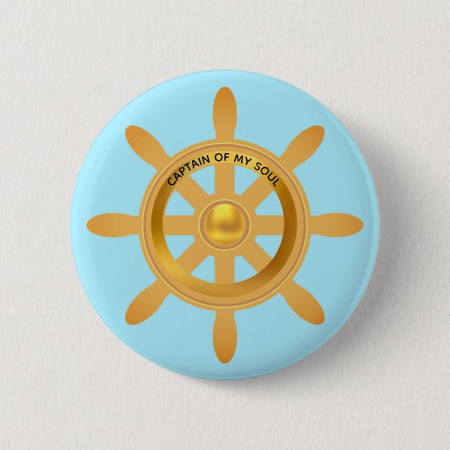 Nautical captain golden ship helm on light blue button (Front)