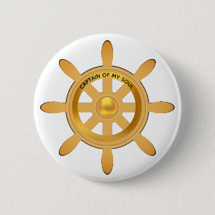 Nautical captain golden ship helm on white button