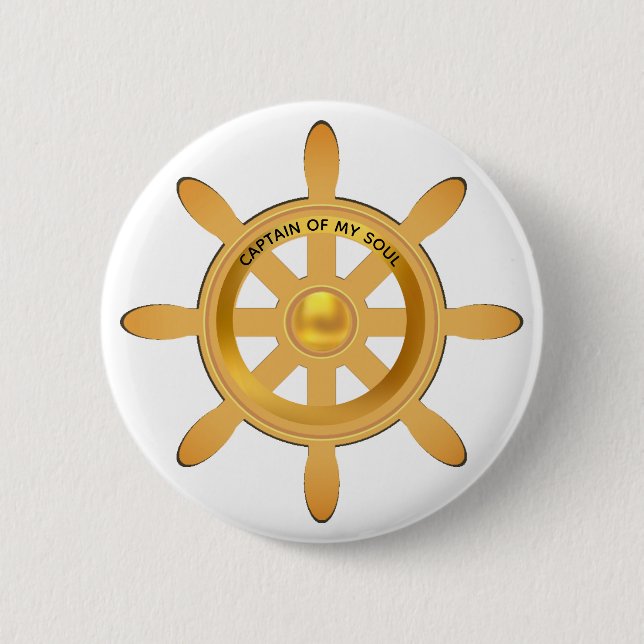Nautical captain golden ship helm on white button (Front)