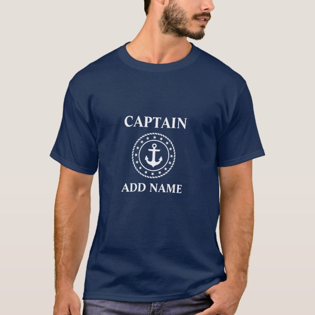 Nautical Captain Name Anchor Rope Stars Blue T-Shirt (Front)