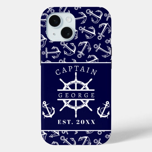Nautical Captain Name Navy Blue Boat Anchor Case-Mate iPhone Case (Back)