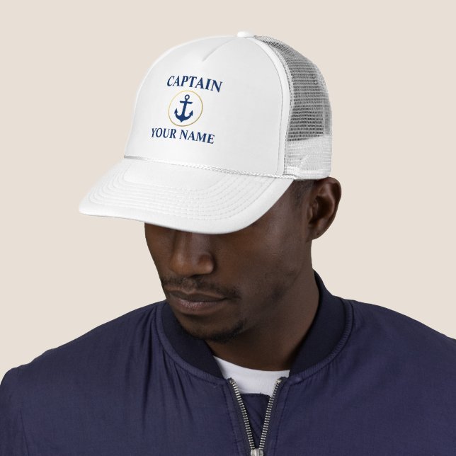 Nautical Captain Name White Blue Gold Trucker Hat (In Situ)