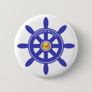Nautical captain royal blue ship helm on white button