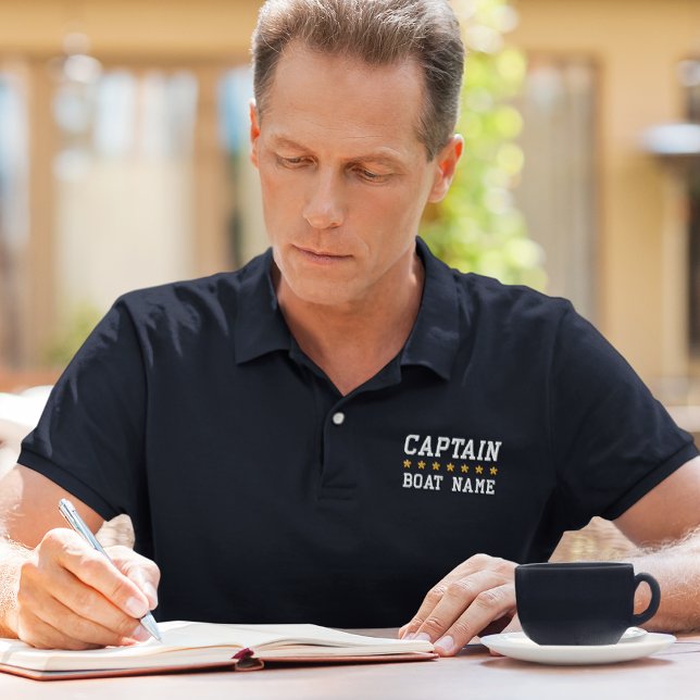 Nautical Captain Your Boat Name Blue Embroidered Polo Shirt (Choose from a variety of sizes and colors.)