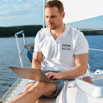 Nautical Captain Your Boat Name Blue White Embroidered Polo Shirt