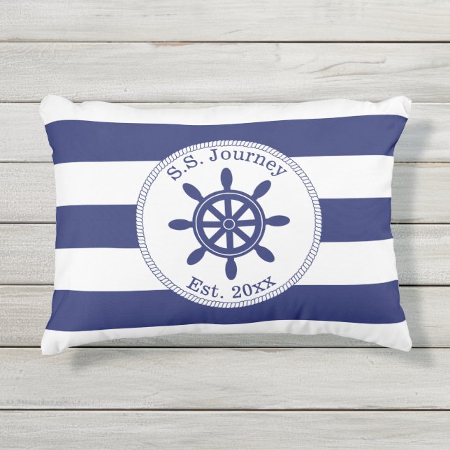 Nautical Captain's Wheel Add Boat Name Outdoor Pillow (Front)