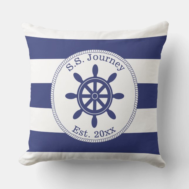 Nautical Captain's Wheel Add Boat Name Throw Pillow (Front)
