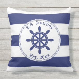 Nautical Captain's Wheel Add Boat Name Throw Pillow
