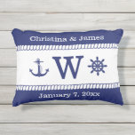 Nautical Captains Wheel  Anchor Add Names Monogram Outdoor Pillow<br><div class="desc">Personalize this nautical themed pillow with your names,  date and monogram initial.  Design features a drawing of a navy blue captain's wheel and anchor with rope border. Back of pillow is navy blue.</div>