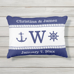 Nautical Captains Wheel  Anchor Add Names Monogram Outdoor Pillow