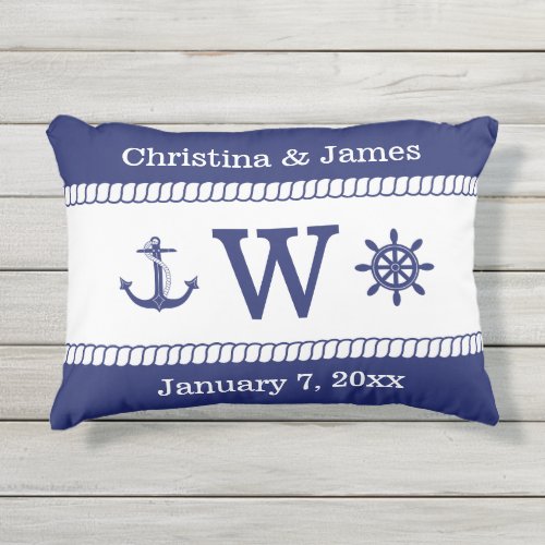 Nautical Captains Wheel  Anchor Add Names Monogram Outdoor Pillow