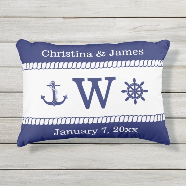 Nautical Captains Wheel  Anchor Add Names Monogram Outdoor Pillow (Front)