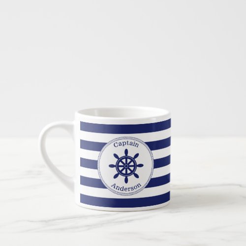 Nautical Captains Wheel Blue Stripe Monogrammed Espresso Cup