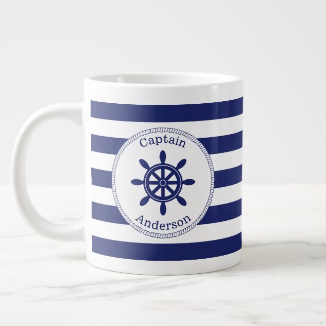 Nautical Captain's Wheel Blue Stripe Monogrammed Giant Coffee Mug (Left)